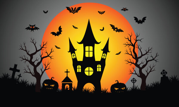 Happy Halloween banner background with haunted castle full moon spooky trees pumpkins and bats vector illustration