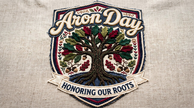 Embroidered patch celebrating Aron Day with tree design and honoring roots message