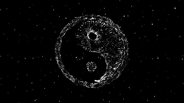 3D animation of a Trapcode Form yin yang symbol with black and white glowing particles on alpha channel, ideal for balance concepts, digital harmony, and modern tech motion design