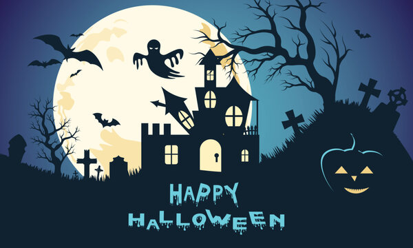 Happy Halloween banner background with haunted castle ghost full moon glowing pumpkin and bats vector illustration