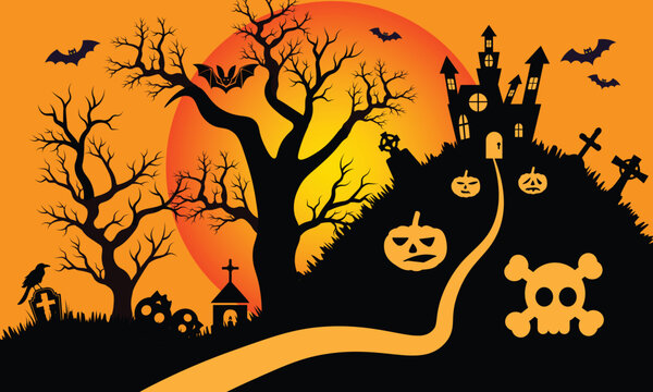 Happy Halloween banner background with haunted castle hill spooky trees cemetery graves and bats vector illustration