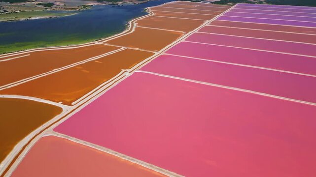 Aerial view of pink salt evaporation ponds