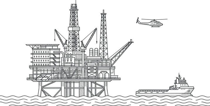 Offshore petroleum oil drilling rig platform in ocean vector line art.