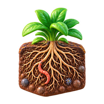 Cross section of a plant with roots and an earthworm in a square block of soil isolated on white