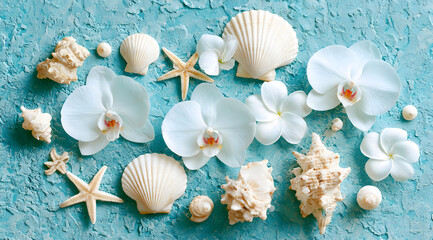 Fototapeta premium White orchid blossoms and sea shell fragments rest on a teal textured surface. This is a tropical maritime scene featuring starfish, scallops, and other exotic blooms. It carries an elegant summer oce