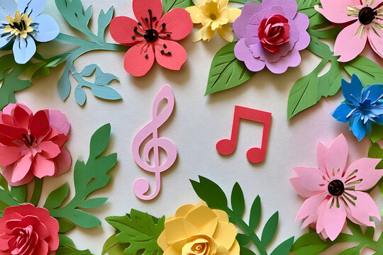 Paper-cut flowers and musical notes create a spring theme. Vibrant blossoms and leaves blend with treble clef and eighth notes. A joyful, creative design.