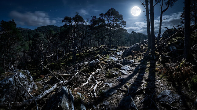 Moonlit Forest After Storm Damage.