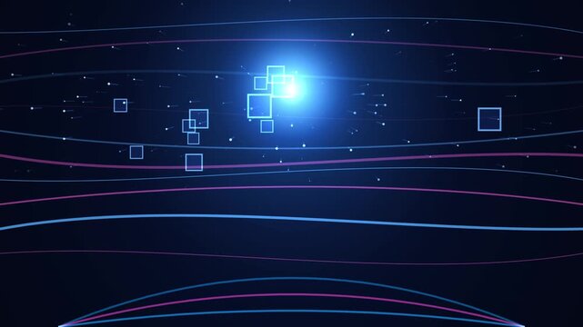 Glowing Digital Particles and Blue Geometric Square Elements Moving Across Dark Abstract Background