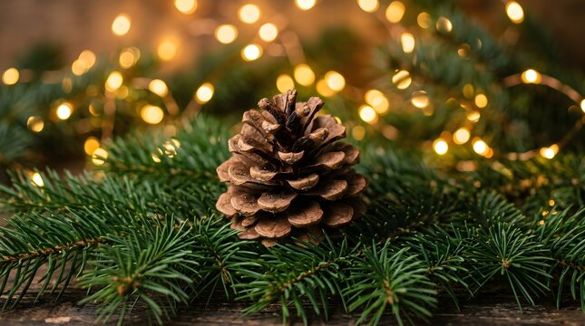 Natural pine cone resting on green fir branches with festive golden bokeh lights