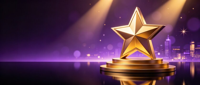 Golden star trophy on reflective stage platform, purple background, suitable for event banners, entertainment awards, corporate recognition and success graphic design.