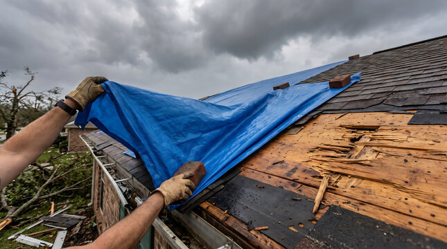 Worker in leather gloves unrolling a blue tarp over storm damaged house roof with broken plywood and shingles after hurricane under dark cloudy sky for emergency repair