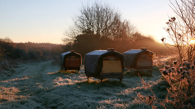 Beehives wrapped in insulating covers for winter in a frosty apiary