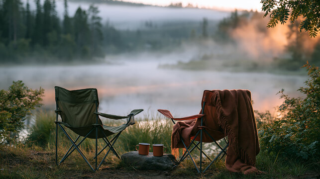 Two camping chairs by a misty lake at dawn with a wool blanket