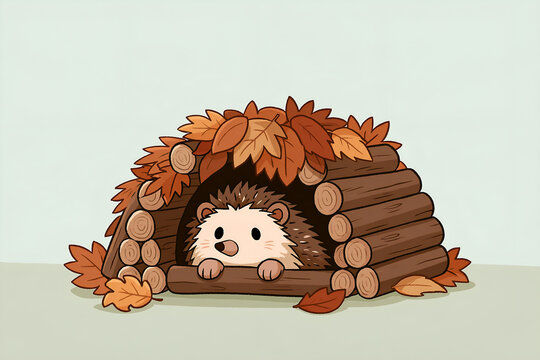 Hedgehog peeking out of a snug log house in a garden corner