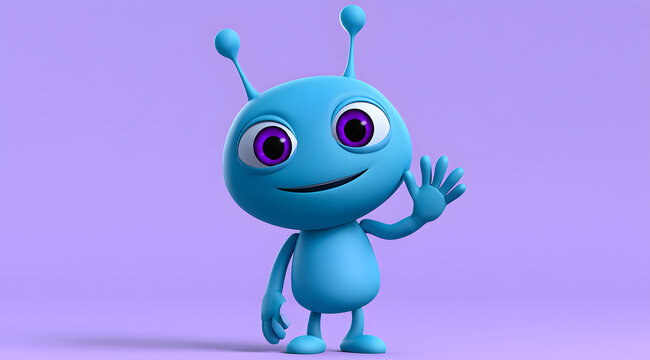 A friendly blue alien waves its hand with a smiling face. Adorable 3D cartoon creature greets viewers on a purple background. Small, friendly extraterrestrial mascot for kids' app and game design