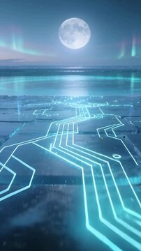 Vertical video: Moving camera following cyan circuit pathway guiding toward glowing pool and moon