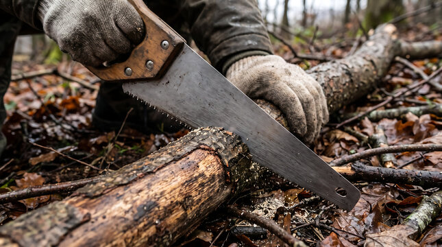 Worker in dirty gloves sawing fallen tree branch with old wooden handle hand saw in forest covered with wet leaves and sawdust for firewood cutting and yard cleanup
