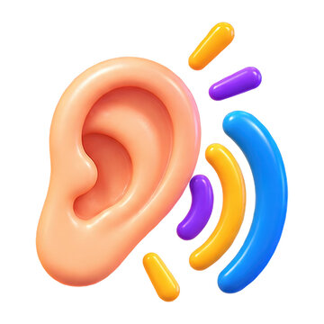 3D render of a human ear icon with colorful sound waves representing listening and communication