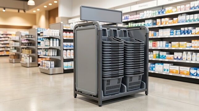 Stacks of grey plastic shopping baskets on a mobile rack in a brightly lit modern retail store aisle