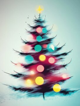Abstract Minimalist Christmas Tree Art with Glowing Colorful Bokeh Lights and Star Topper