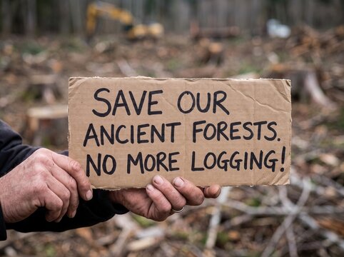 Weathered hands of a senior person holding a cardboard sign protesting against logging in a deforested area