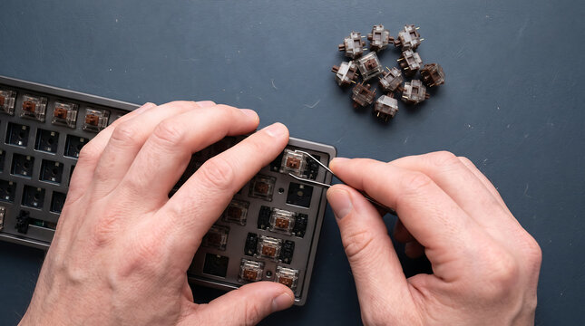 Person removing brown mechanical keyboard switch with metal tweezers from custom hotswap keyboard on navy blue leather desk with pile of switches for hobby and customization