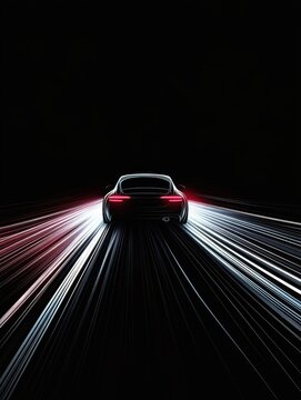 Rear View Silhouette of Sports Car Driving Fast at Night Leaving Light Trails on Highway
