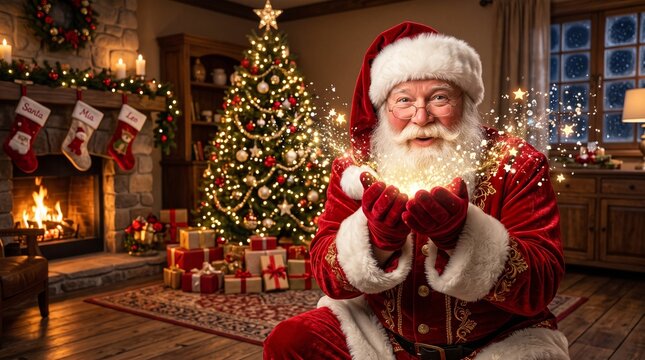Santa claus holding glowing magic in hands by christmas tree at home
