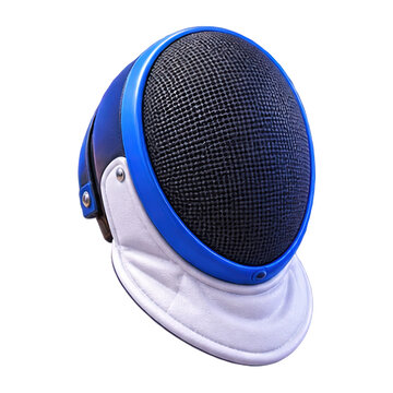 A professional fencing mask with a blue frame and white bib isolated on a clean white background