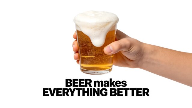 Hand Holding Glass of Beer with Foam and Text "Beer Makes Everything Better