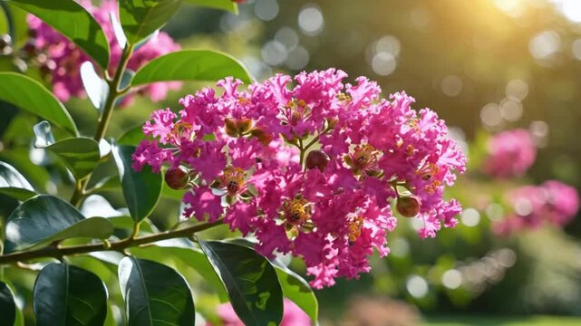Close-up of a vibrant pink crepe myrtle flower cluster in bright sunshine amidst lush green foliage