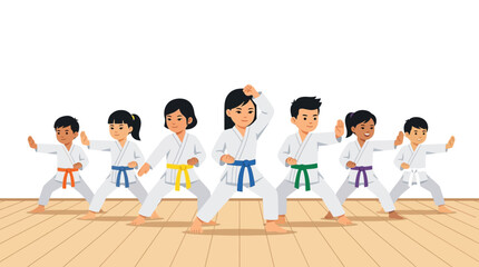 Fototapeta premium Karate class participants stand in a defensive stance on a wooden floor against a clean white backdrop.
