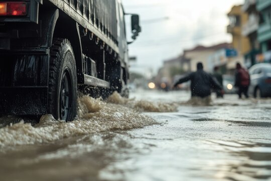 Heavy Freight Truck Navigating Submerged Urban Highway Street After Storm Flood Waters