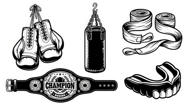 Vintage boxing equipment vector collection, monochrome boxing gloves and punch bag set, championship belt and hand wraps design element