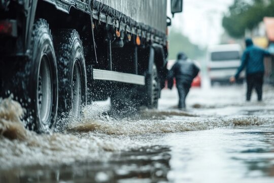 Close Up View of Truck Wheels Splashing Through Deep Water Flood on Inundated Roadway