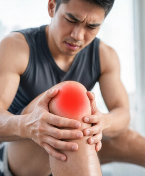 Young man in athletic clothing holds his red, painful knee indoors. The image represents joint pain, sports injury, and physical discomfort.