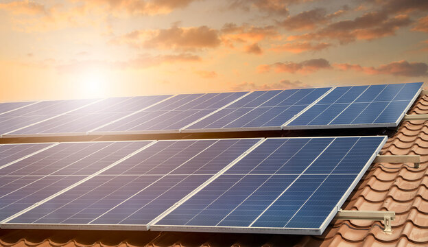 Photovoltaic solar power panel on blue sky ,green clean alternative energy. environmentally friendly. Clean energy and environment. 