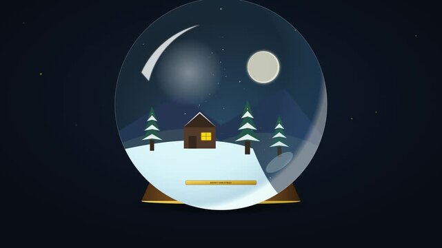 Snowglobe containing winter cabin landscape with pine tree forest and moon at night