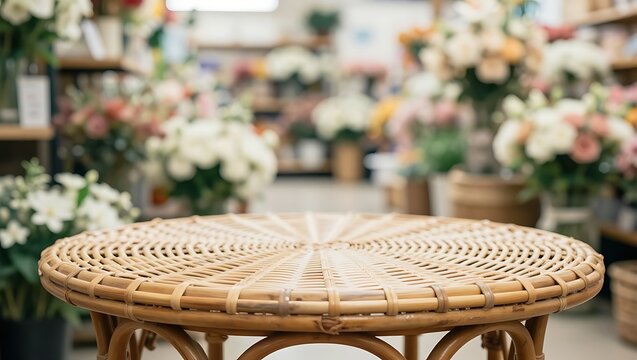 A round wicker table is in front of a blurred flower shop with colorful blooms.