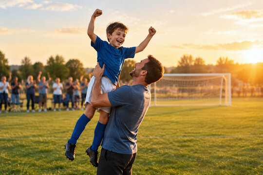 Father lifting joyful son celebrating soccer victory at sunset, football field with goal post and team in background