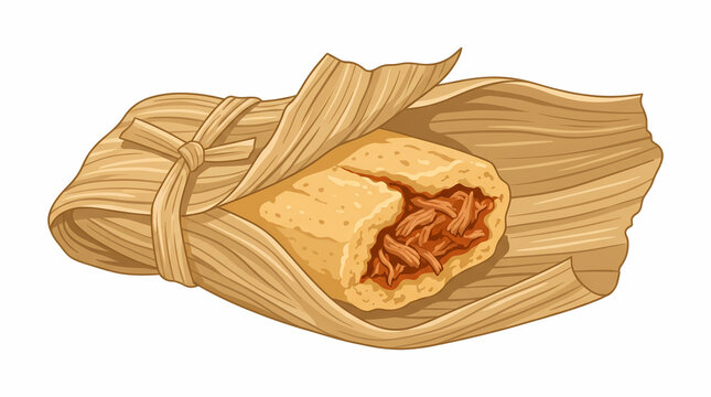 Traditional Mexican Tamale in Corn Husk Vector Illustration Stuffed with Shredded Meat Isolated on White   