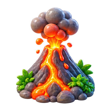 Stylized 3D volcano icon with erupting lava and smoke clouds on a clean white background