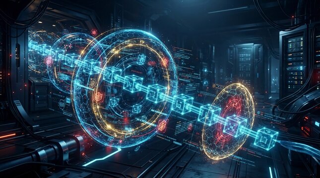 Futuristic Data Network and Blockchain Concept with Holographic Cubes in Modern Secure Data Center