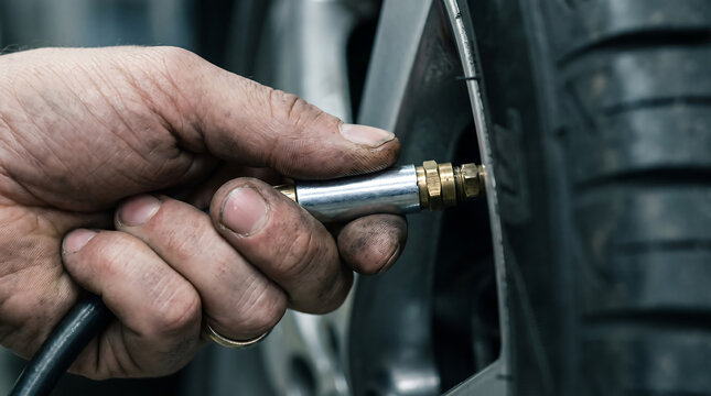 Hand pressing a brass air hose inflator gauge onto a car tire valve to check tire pressure and inflate the wheel for automotive maintenance vehicle service and road safety