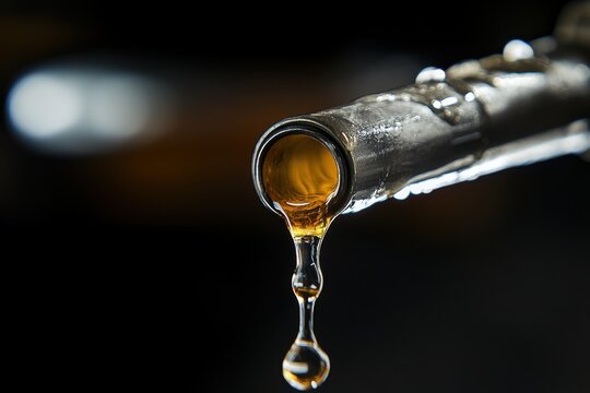 Close Up of Fuel Dripping Out of Metallic Gas Station Nozzle Spout