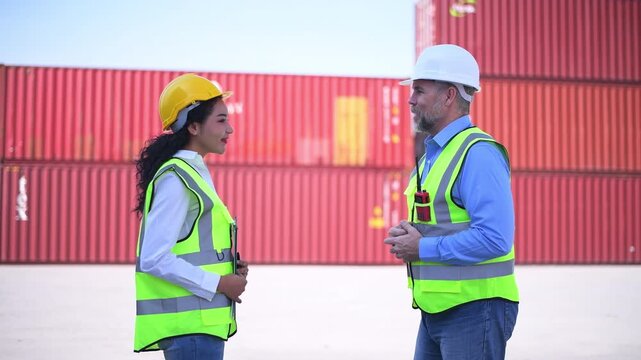 Engineers wearing safety helmets and high visibility clothing discussing logistics and inspecting shipping terminal representing container management freight.
