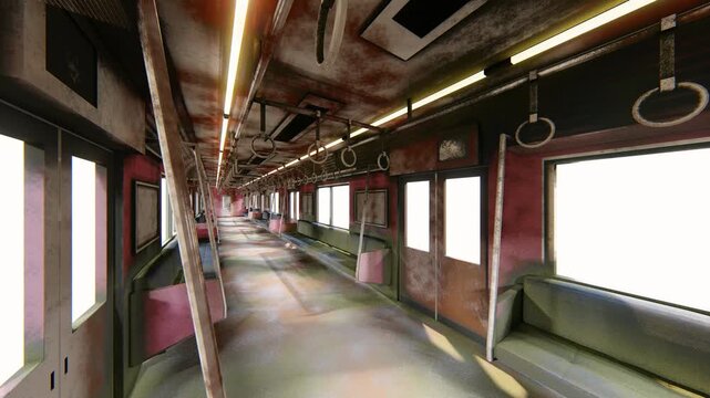 廃墟化した恐怖の電車内、錆びた車両の3DCGホラーアニメーション