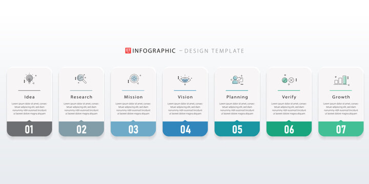 Timeline Creator infographic template. 7 Step timeline journey, calendar Flat simple infographics design template. presentation graph. Business concept with 7 options, vector illustration.