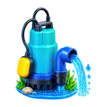 Submersible water pump icon with a blue plastic housing and yellow float switch for drainage