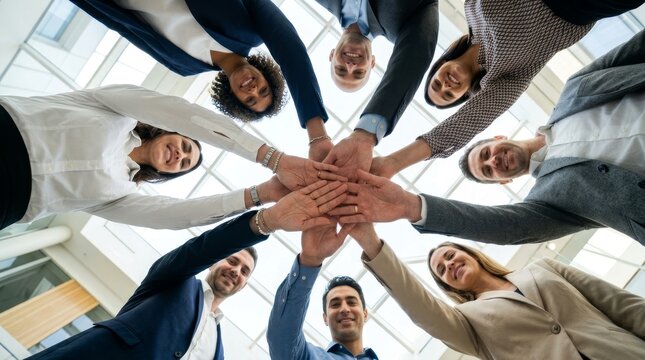 A group of professionals stand in a circle, reaching inwards for a team handshake beneath a bright skylight.